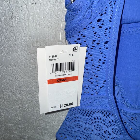 Becca Women's Crochet Plunging One-Piece Keyhole Swimsuit - Cornflower XS $128 - Picture 9 of 14